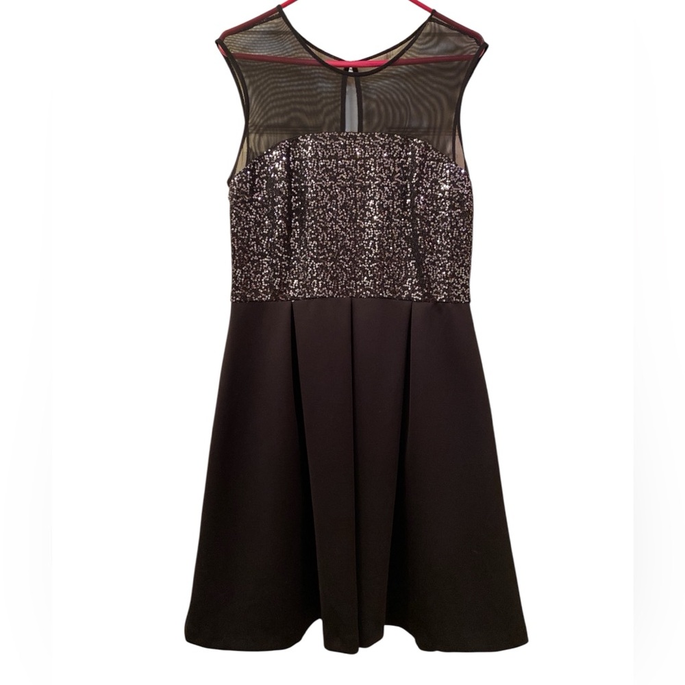 Studio One New York Cocktail Dress Mesh Upper Sequins Flared Skirt Black SZ 14